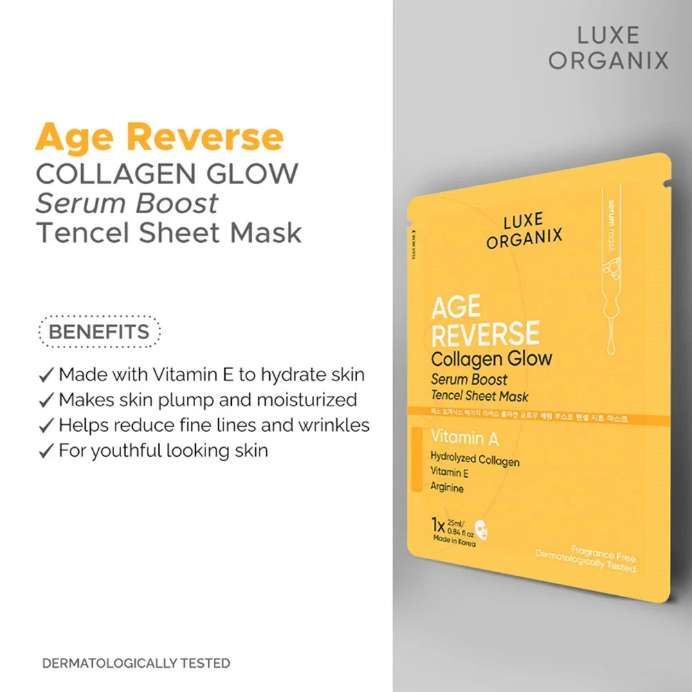 Luxe Organix Age Reverse Collagen Glow Serum Boost Sheet Mask - Image 3